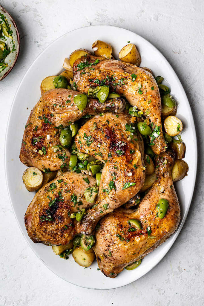 Baked Chicken Legs with Chickpeas, Olives, and Greens
