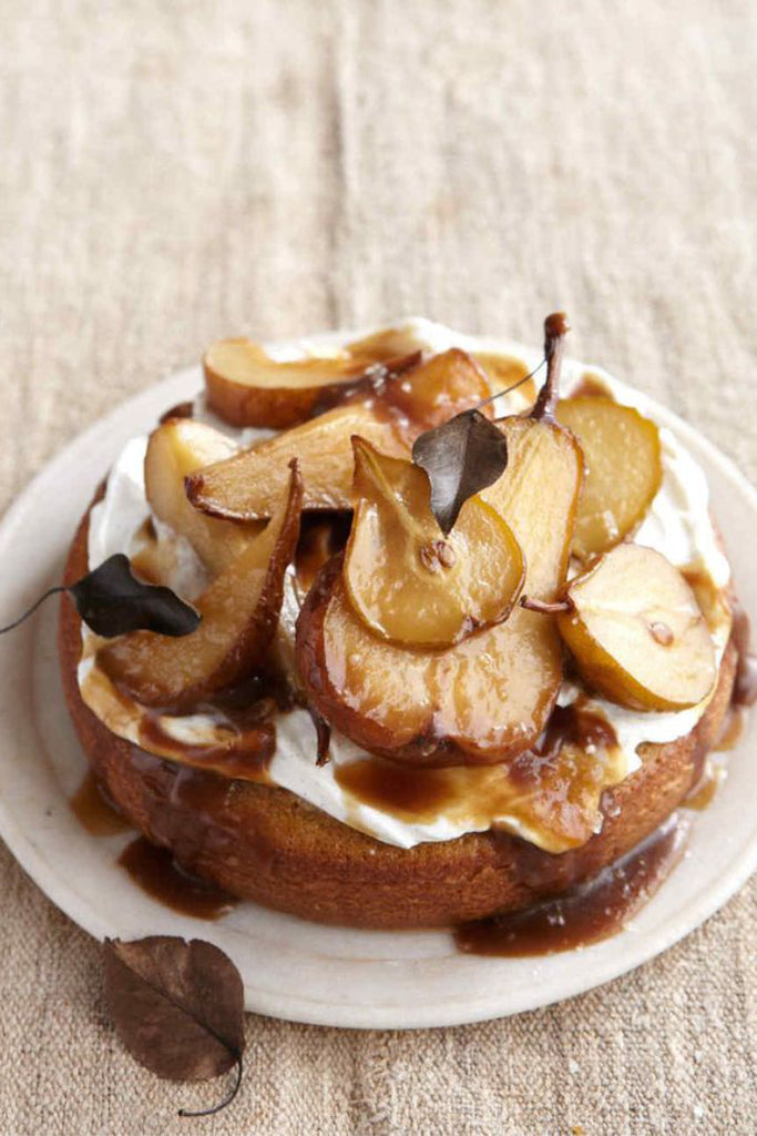 Olive Oil Cake with Vanilla Yogurt and Caramelized Pears